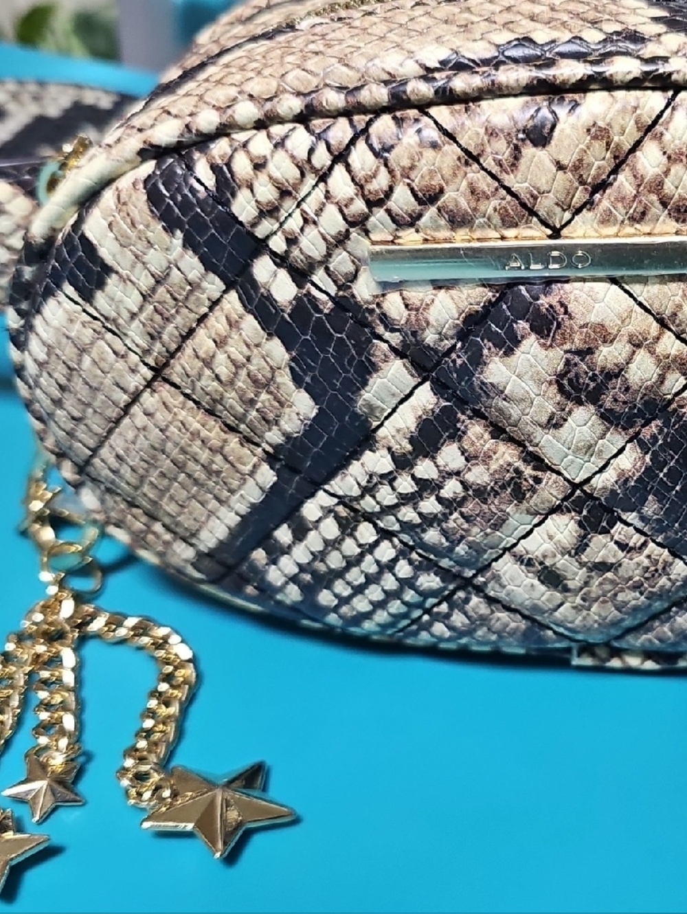 Aldo Beige and Black Quilted Snake-Print Mini Crossbody with Star Charm